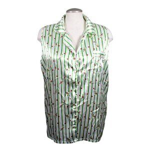 Womens Blouse Size XL Striped Sleeveless Floral Satiny Shiny Button Up Collared